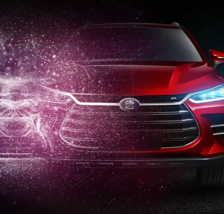 Carro electrico BYD modelo Tang con particulas en forma de dragon